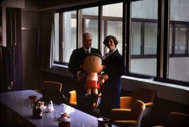 Iona Campagnolo and unknown man with a sports mascot in Germany