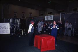 Iona Campagnolo with microphone at a Recreation Canada event in Kitimat