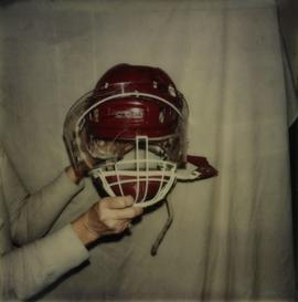 Red hockey helmet