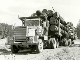 Double trailer delivering log load