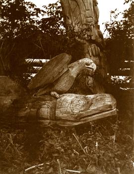 Carved eagle and whale monument in Tanu, Queen Charlotte Islands, BC