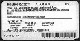 Aleza Lake Research Forest - Management and Working Plan - 1957-1967
