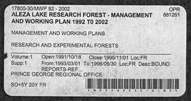 Aleza Lake Research Forest - Management and Working Plan - 1992-2002 - Supplement