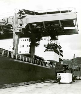 Over-running crane loading or unloading pulp bales onto or from a ship