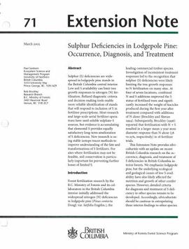 Extension Note 71: "Sulphur deficiencies in lodgepole pine: occurrence, diagnosis, and treatment"