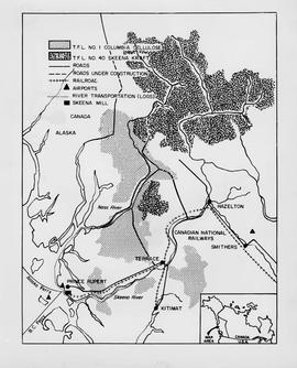 Map of area covered by Tree Farm Licences no. 1 and no. 40 for Columbia Cellulose and Skeena Kraft