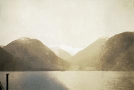 Coastal inlet and mountains, possibly Howe Sound