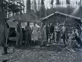 Giegerich and Bronlund with Swannell's crew at Jack Duncan's cabin at Thutade Lake