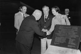 Iona Campagnolo shaking hands with Allan Lamport at the opening of the Allan A. Lamport Stadium in Toronto