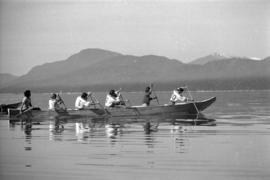 Iona Campagnolo paddling canoe with Grizzlies canoe team near Kitimat
