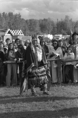 First Nations dancer Leonard George surrounded by crowd at the Bulkley Valley Exibition in Smithers
