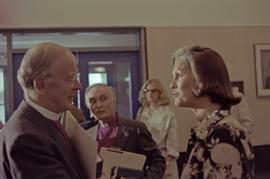 Iona Campagnolo talks to Archbishop of Canterbury Donald Coggan in Terrace with Bishop Hambridge in background