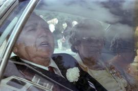 Godfrey and Vicki Kelly in car after 50th wedding anniversary celebration in Masset