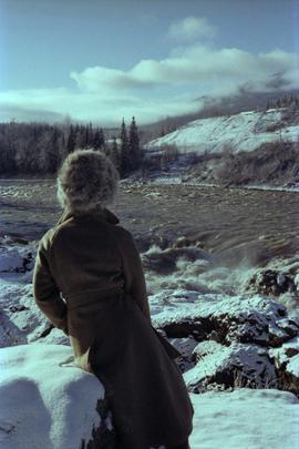 Iona Campagnolo surveying flooded Bulkley River near Moricetown