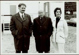 Mr. Dent, M.P. Stanley Ronald Basford, and Iona Campagnolo at the sodturning ceremony for the opening of the Prince Rupert Fairview Terminal
