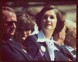 Close View of Newfoundland Premier Frank Moores and Minister Iona Campagnolo at opening ceremonies of the Canada Summer Games, St. John’s, August 1977