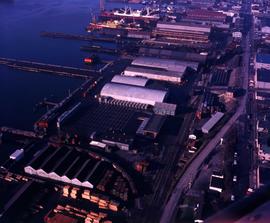 Aerial view of the asbestos warehouse and wharf