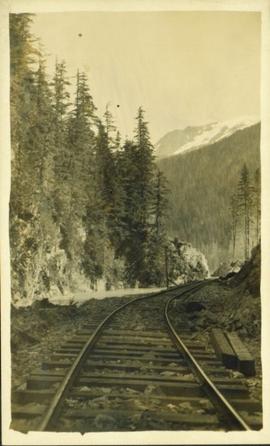 Train tracks at the foot of a mountain