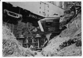 Derailment spanning creek with locomotive 5119