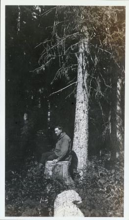 Man sitting on a stump in front of a tree