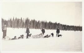 Four men standing in front of two dog sleds