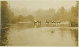 Men leading their horses across a river