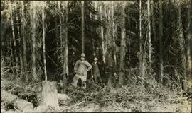 Two men standing in front of trees with axes in their hands