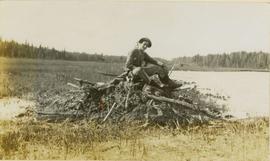 A man sitting on a pile of logs
