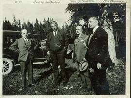 Group photo taken outside featuring Harry Perry, Hon. W. Sutherland, Hon. T.D. Pattullo, and M. M...