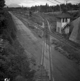 Crossover of Comox Logging & Railway Company, Esquimalt & Nanaimo Railway, and MacMillan Bloedel & Powell River Logging Railway tracks