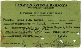 Railway Ticket to Vancouver in Violet Taylor's Name