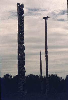 Multiple totem poles at Kitwanga