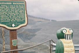 Alexander Mackenzie Landing heritage sign and Garbage Gobbler at Williston Lake