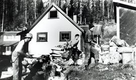 Men splitting wood for fuel used in the cookhouse
