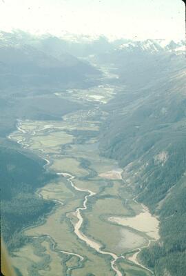 Aerial view of wet sedge vegetation floodplain at Schaft Creek