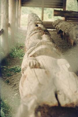 Totem poles in covered area at Kispiox