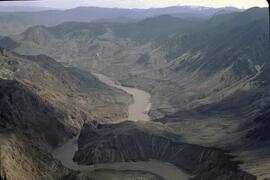 Aerial view of slumped landscape by bighorn sheep range at Chilcotin River
