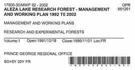 Aleza Lake Research Forest - Management and Working Plan - 1992-2002 - Volume 1