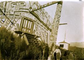 Chief's lodge and totem, Nass River, BC