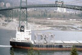 Gearbulk freighter underneath Lions Gate Bridge at Vancouver