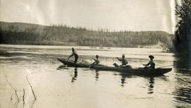 Canoes leaving mouth of Nechako River for Ton A Qua