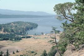 View of ferry and beach from mountain on Mayne Island