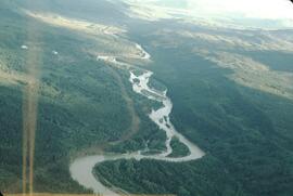 Aerial view of forested floodplain and highway right-of-way at Klappan River