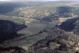 Aerial view of a Cariboo ranch along the Chilcotin River