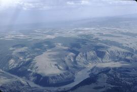 Aerial view of grassland and forest trench at the mouth of the Chilcotin River