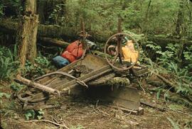 Gordon Gram and old trail construction equipment in the Tsocowis-Tsusiat Falls area on the West Coast Trail
