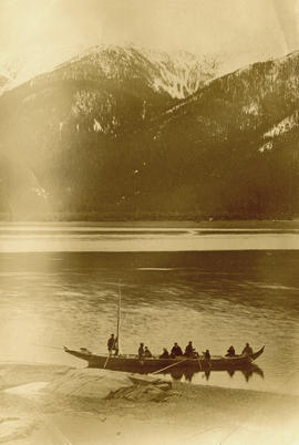 Marion and W.H. Collison travelling with friends in canoe up Skeena River
