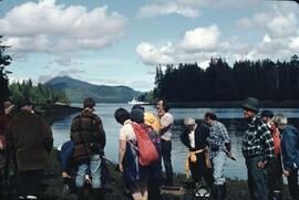 University of British Columbia field study group examining the coast and fish traps at Slim Inlet in the Queen Charlotte Islands