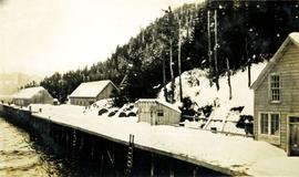 Snow covered wharf at Nass Harbour