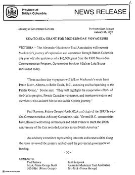 Alexander Mackenzie Heritage Trail Association news releases, correspondence, and documents